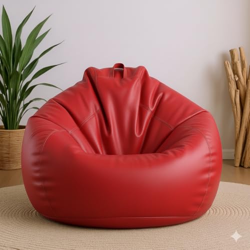 Image of 4XL Leatherette Bean Bag Chair with Footrest & Cushion with Beans Filled (Ready to Use) Color- (Red, Bean Bag Only)