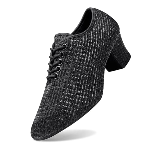 Leisure Women's Mesh Soft Sole Solid Color Non Slip Square Heels Lace Up Round Toe Breathable Dancing Lady Casual Top (Black, 6.5)