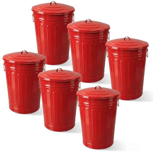 Image of Plexon Metal Trash Can with Lid 13 Gallon, Decorative Outdoor Trash Can Heavy Duty Galvanized Metal Bucket with Lid for Garage Workshop Storage Farmhouse, Red 6 Pack