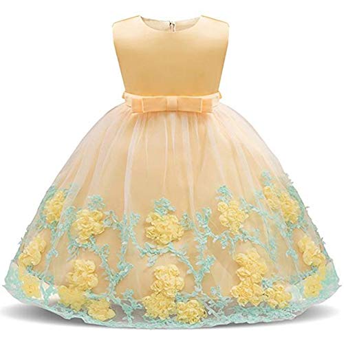 Dhiuow Flower Dress for Baby Girl Pageant Tutu Wedding Birthday Party Dresses Yellow Size 6-12M