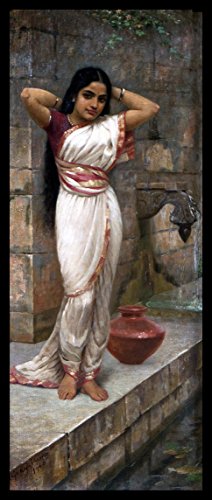 Image of Tallenge Lady adjusting hair after bath - by Raja Ravi Varma - Medium Canvas - Framed (10 x 24 inches)
