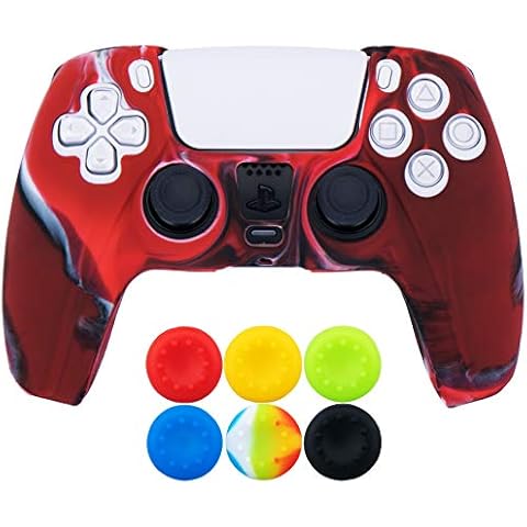 9CDeer 1 Piece of Silicone Protective Cover Skin + 6 Thumb Grips for Playstation 5 / PS5 / Dualsense Controller Camouflage Red Cover