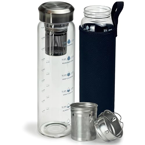 Xaeiglas Motivational Glass Water Bottle 32 oz Borosilicate with Neoprene Sleeve and Stainless Steel Lid