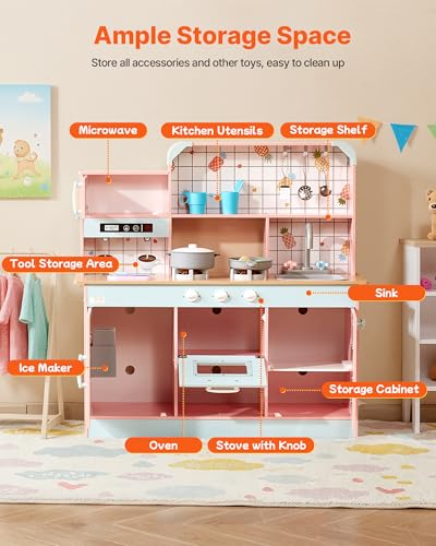 Image of VEVOR Wooden Play Kitchen Toy, Play Kitchen for Kids with Lights and Sounds, Toddler Kitchen with Ice Maker, Oven, Sink, Microwaves, Fridge and Utensil and Fruit Accessory for Toddlers, Pink