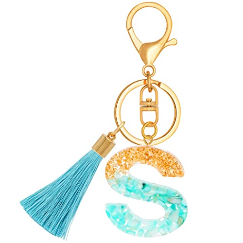 Chaveiros com letra inicial para meninas e mulheres, chaveiro de borla fofo ciano para mochila escolar, Azul - S, Standard