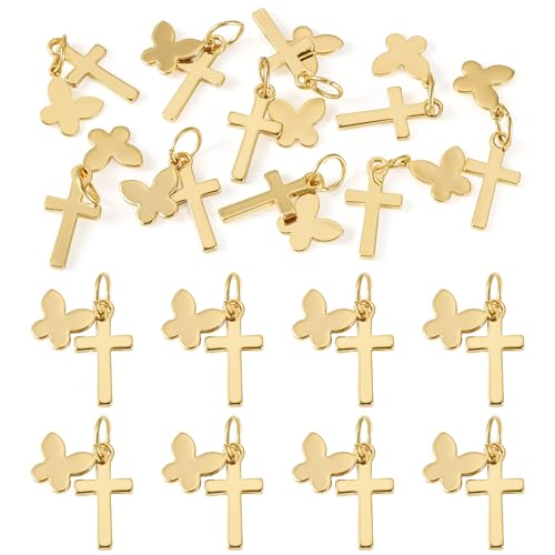 Image of 10Pcs 18K Gold Plated Cross Charms Brass Golden Crucifix with Butterfly Pendants Metal Permant Jewelry Charms with Jump Ring for DIY Bracelets Necklaces Earring Jewelry Making