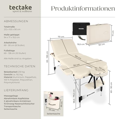 tectake® Massageliege 3 Zonen, Massagetisch, Massageliege klappbar, höhenverstellbare Aluminium Massageliege, Massagebett tragbar inkl. Zubehör, Kopfstütze, Armlehne, Tragetasche - beige 6