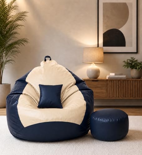 Image of Mansu-Premium Leatherette 4XL Bean Bag Cover with Footrest & Cushion (Without Beans) (4XL) (Cream NavyBlue)