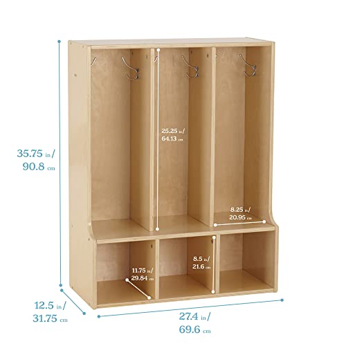 Image of ECR4Kids Streamline 3-Section Toddler Coat Locker with Bench, Classroom Furniture, Natural