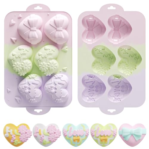 2 Pcs Valentines Day Heart Chocolate Molds 3D Heart Shape Candy Silicone Molds for Chocolate Cake Jelly Pudding Handmade Soap Mould Candy Making (Color Blocking)