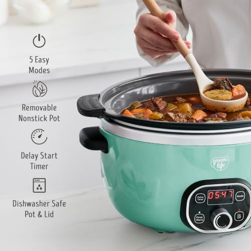 Image of GreenLife 6QT Ceramic Slow Cooker, PFAS-Free, Programmable, Removable Healthy Nonstick Pot for Family Meals, Sear on Stovetop, Keep Warm, Digital Timer, Dishwasher Safe Crock, Turquoise