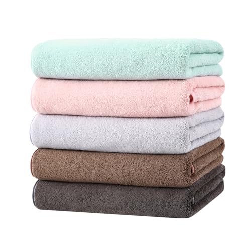 バスタオル マイクロファイバー 大判 5枚セット 吸水 60X120cm ふわふわ 柔らかい肌触り 速乾 耐久性 抗菌防臭 毛羽落ちしない ホテル仕様 お風呂上がり 家庭用 業務用 (5色)