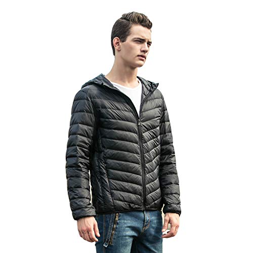 LANBAOSI Men Lightweight Puffer Jacket Winter Packable Hooded Down Coat with Zipper Pockets