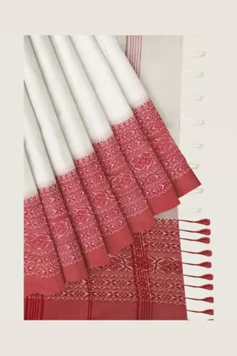 Image of eC ESHA'S COLLECTION Women's Cotton Blend Begumpuri Handloom Saree With Unstitched Running Blouse Piece (Off-White, Black, Red)