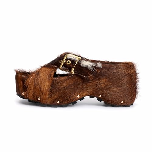 Image of XOBZJH Long-Hair Calfskin Chunky Clog Slide for Women - Memory Foam Luxury Slip on Shoes Women's Mules & Platform Clogs,Designer Mules for Women 2025