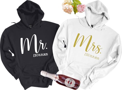 Matching Hoodies Wedding Gifts for Mr and Mrs Engagement Gift Just Married Hoodie for Couples Personalized Est Date Hoodies Bridal Shower Gifts for Women