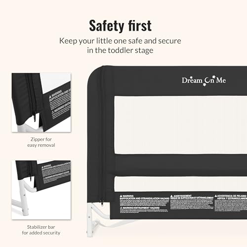 Image of Dream On Me Mesh Security Bed Guard Rail for Toddlers 2-5 Years, Fits Twin-King Beds, Reinforced Anchor System, 2 Adjustable Heights, Black, Not for Cribs /Toddler Beds
