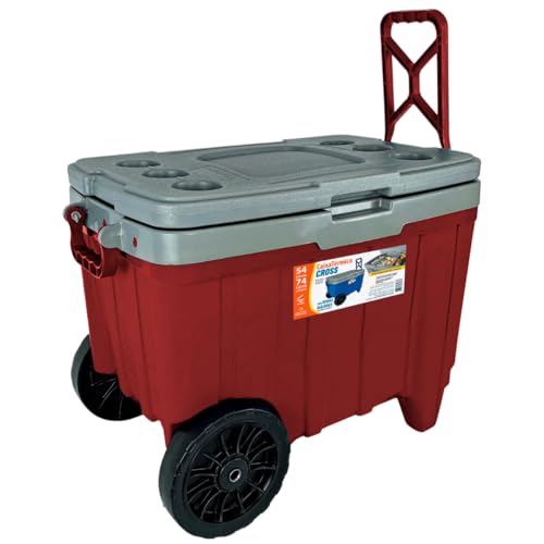 Cooler Térmico Grande 54L Caixa Térmica Antares Com Rodas CROSS Alça Trava e Porta Copos (Vermelho)