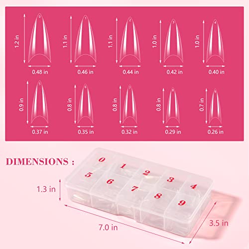Quaferen Clear Stiletto Nail Tips, 500PCS Half Cover Soft Gel Nail Tips Medium Stiletto False Nails Almond Shape Curved Nail Tips for Acrylic Nails Salon Home DIY with Box 10Sizes - Image 6