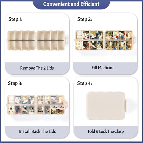 Foldable Weekly Pill Organizer 2 Times a Day with 2 Extra Compartments (Clear Printed Labels) - Portable 7 Day AM PM Medicine Box, Week Daily Travel Pill Case Holder for Vitamin, Supplement - Khaki
