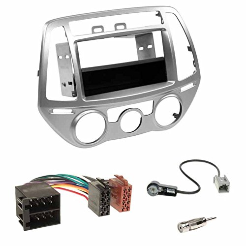 Zestaw do montażu: radio samochodowe podwójne DIN 2-DIN 2 DIN ramka radiowa uchwyt z półką srebrna + kabel przyłączeniowy ISO do radia adapter samochodowy + adapter antenowy do Hyundai i20 (PB Facelift) 07/2012 - 11/2014 - tylko do modeli z ręczną klimaty