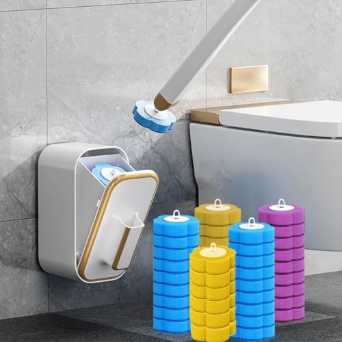 Disposable Toilet Brush with 48 Refill Heads and Holder– Includes Storage Caddy&Toilet Bowl Wand, Wall-Mount Scrubbing Toilet Brush Bathroom Cleaning Kit (Disposable Toilet Brush)
