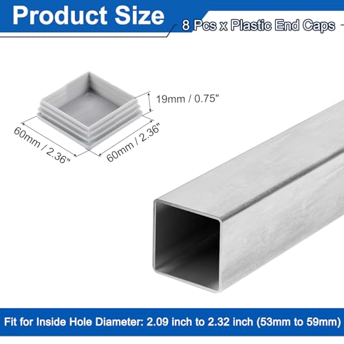 Image of uxcell 2 3 /8 inch (60mm) Square Tubing End Caps, 8 Pcs Plastic Hole Plugs Insert End Cap for Metal Tubing Post Chair Leg Table Bookshelves Furniture, Grey