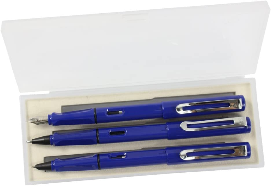 Stifte, Gelschreiber, Kugelschreiber, 3 Stück Kunststoffstifte, 1 Stück Füllfederhalter, 1 Stück feine Feder und 1 Stück Tintenroller mit Stiftbox – Gelb (Farbe: Dunkelblau)