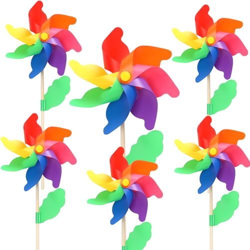 LOHAME 6 Stück Bunte Windrad Garten Windräder Regenbogen Windmühle Kinder 56.8 x 23.5cm Größe Windräder PVC Windmühle Kreative Geschenke für Kinderspielzeug Gartendeko Park Dekoration