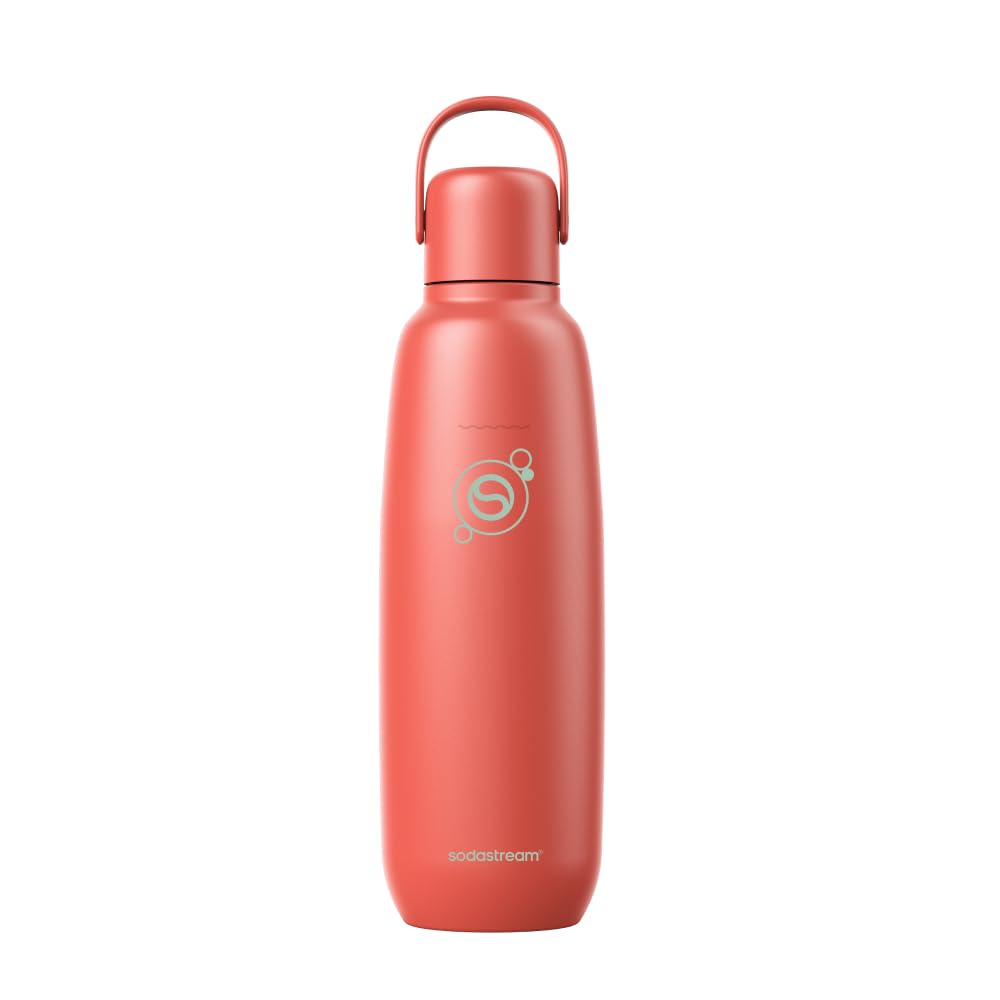 sodastream Fizz & Go Edelstahl, 0,9 L doppelwandige, isolierte Sprudelgetränkeflasche, hält Getränke bis zu 12 Stunden heiß oder kalt, kompatibel mit Wassersprudler, Sprudelwasserflasche, Papaya