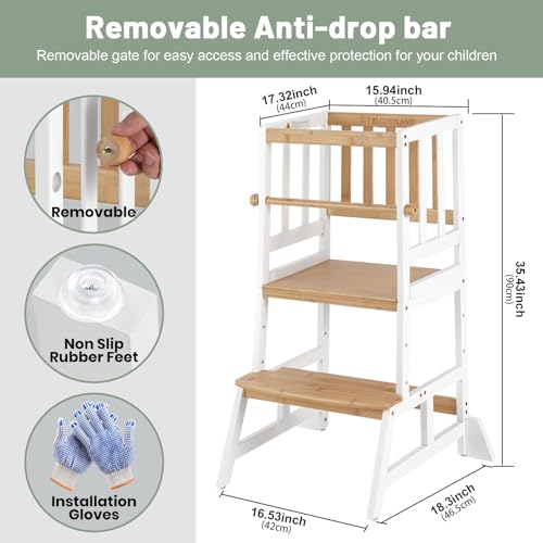 Image of COSYLAND Toddler Standing Tower - Adjustable Height Toddler Kitchen Stool Helper - Kids Kitchen Step Stool for Learning with Removable Safety Railing White & Natural