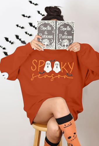 Spooky Season Sweatshirt Women Embroidered Halloween Sweatshirt Ghost Crewneck Fall Sweater Pullover Top3