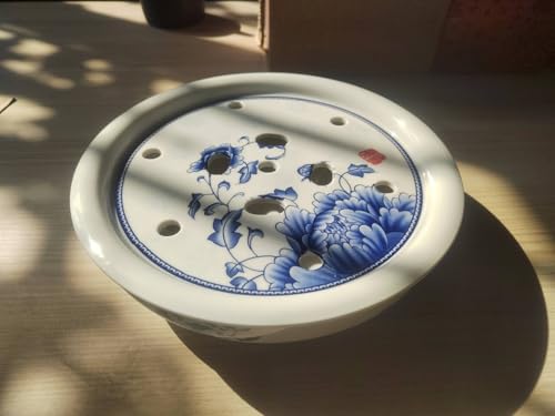 Image of Porcelain Tea Tray, Double-Layer Ceramic Tray Round Elegant Blue & White Design, Large Capacity Water Basin, Smooth & Easy to Clean