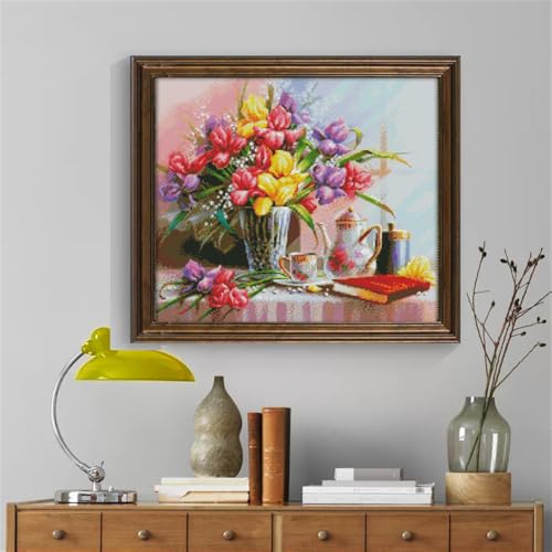 Image of JOYSEWING Colorful vase Pattern Stamped Cross Stitch, Counting Cross Stitch Kit for Adult Beginners, DIY Needlepoint Craft Kits, Home Decor-Pre Printed (Beautiful Flowers(14CT) 18.11 x16.54 inch)