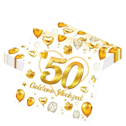 Afritee 50. Goldene Hochzeit Servietten 20 Stück Goldene Hochzeit Deko Papierservietten 50. Hochzeitstag Partei Tischdeko Tischdekoration Geschenke Golden Hochzeit Eltern 16.5x16.5cm