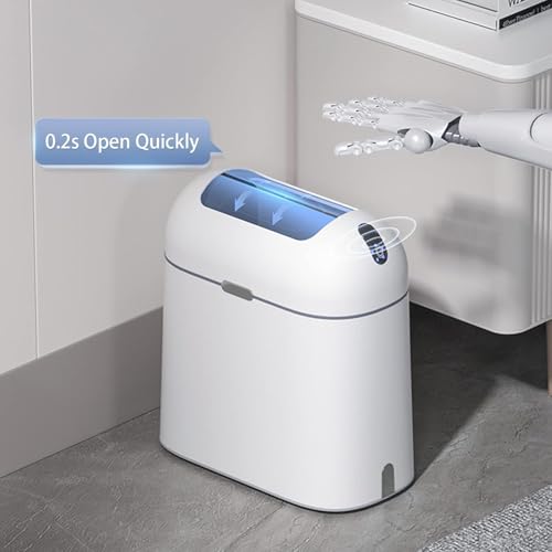 Image of ELPHECO Touchless Trash Can with Lid, 2.5 Gallon / 10 Liter Small Automatic Motion Sensor Garbage Bin, Slim Rectangular Plastic Wastebasket for Bathroom, Bedroom, Kitchen, Office (White Grey)