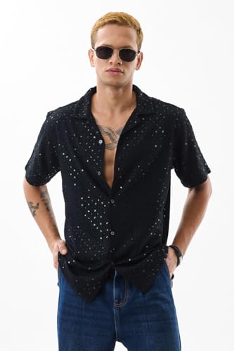 Image of SNITCH Men Casual Shirt | Regular Fit Half Sleeve Cuban Collar Textured Pattern with Embellished Sequins | 100% Viscose & Breathable Fabric for Everyday Wear
