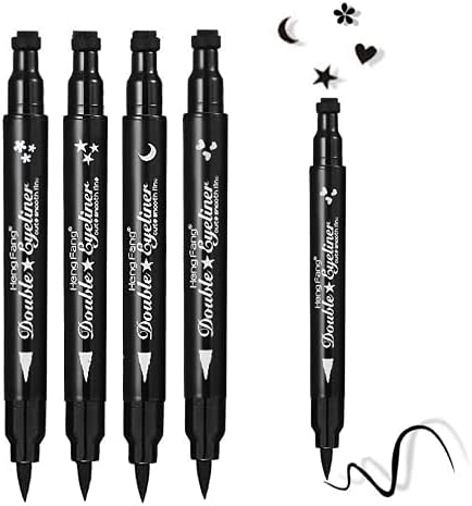 FATUXZ Double-headed Liquid Eyeliner Pen Stamp Super Slim Gel Felt Tip High Pigment Black Waterproof Smudgeproof Long Lasting Tattoo Makeup Tool(Heart/Moon/flower/Star Shape Stamp Pen, 4 Styles/Set)