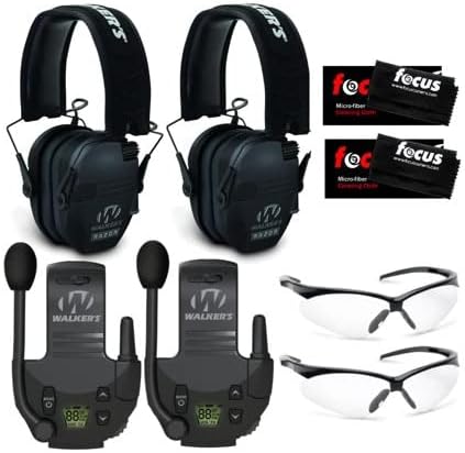 Walkers Razor Slim Electronic Muff (Black, 2-Pack) Bundle with Tactical/Hunting Walkie Talkie (2-Pack), Sport Shooting Glasses (Clear, 2-Pack) and Microfiber Cleaning Cloth (2-Pack) (8 Items)
