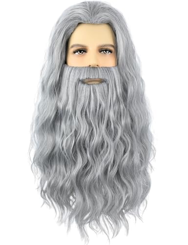 AMZCOS Grey Wizard Wig and Beard for Men Long Gray Beard Wig Set for Mens Halloween Costume Cosplay Party (Grey)