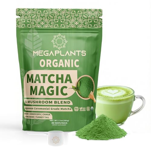 MegaPlants Matcha Magic Mushroom Powder | Ceremonial Grade Japanese Matcha with Adaptogenic Mushrooms for Clean Energy & Calm Focus | Smoothies, Lattes, Bowls & Desserts | L Theanine