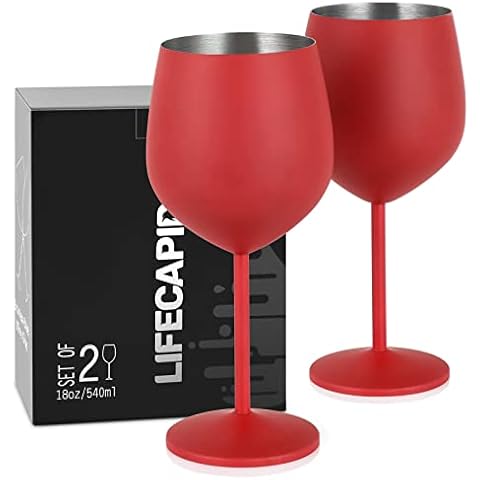 Lifecapido Stainless Steel Wine Glasses Set of 2, 18oz Stainless Steel Wine Goblets, Stemmed Metal Wine Glasses with Cup Brush for Party Office Wedding Anniversary, Great for Red White Wine (Red) Cover