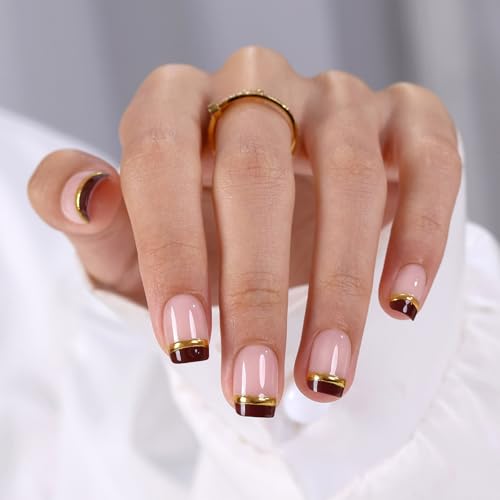 Short Chocolate Brown Gold Square Press on Nails Fall - GJZEZ Soft Gel...