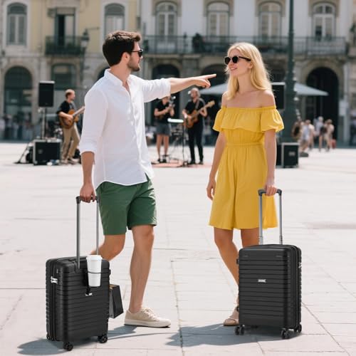 Kono 20 Inch Expandable Carry On Luggage with Spinner Wheels, Durable Hardside Luggage with Hidden Cup Holder, Lightweight Hard Shell Carry On Suitcase Airline Approved with TSA Lock(Black)2