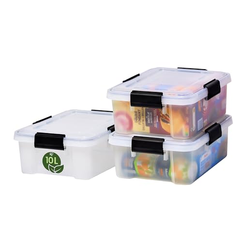Iris Ohyama Luftdichte Kunststoff-Aufbewahrungsboxen mit Deckel, 10L, 3er-Set, Transparent, Hermetischer wasserdichter Verschluss, Robuste...
