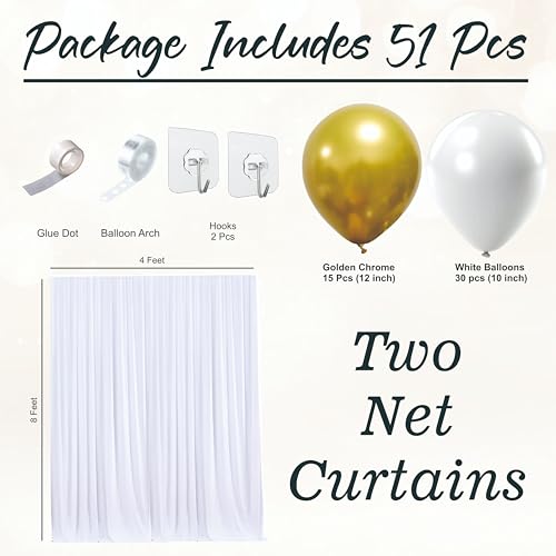 Image of White and Golden Balloon Garland Kit, 51 Pieces with White Net Curtain, Decoration for Birthday, Wedding, Anniversary, Engagement Party Decoration