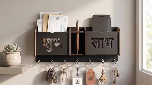 Image of Premium Wooden Wall Key Holder with 7 Hooks & 'Shubh Labh' Design | Multi-Functional Mail Organizer, Mobile Stand & Pen Holder | Elegant Entryway & Home Decor Wall Mount Matte Black