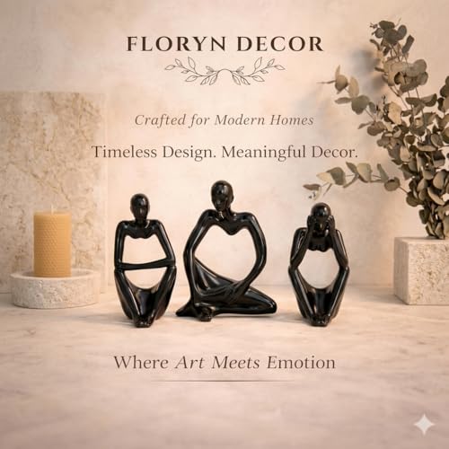 Image of Floryn Decor Thinker Men Statue Set of 3 - Modern Black Matte Ceramic Showpiece for Home Decor, Living Room, Bedroom, Office Desk & Table, Bookshelf Decoration | Minimalist Abstract Figurines