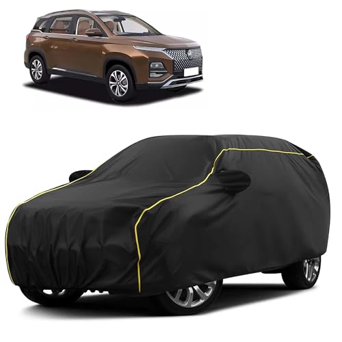 Image of Sulfar 100% Water Resistant Car Body Cover Compatible with Mirror for MG Hector Plus (Triple Stitched, Full Bottom Elastic, Black Taffeta with Yellow Piping)