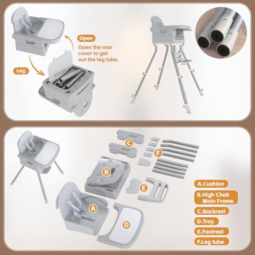Image of Baby High Chair for 6 Months+, Foldable High Chairs for Babies and Toddlers, Convertible High Chair, Adjustable Tray & Footrest, Portable High Chair & Easy to Clean(Gray)